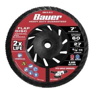 BAUER - Disco de Lijado 7 pulg. x 5/8 pulg. -11 UNC, Grano 60, Tipo 27 con Respaldo Plástico y Grano de Circonio - 57655