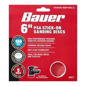 BAUER - 6 in., 180-Grit PSA Sanding Discs with Zirconia Alumina Grain, 5-Pack - 58277