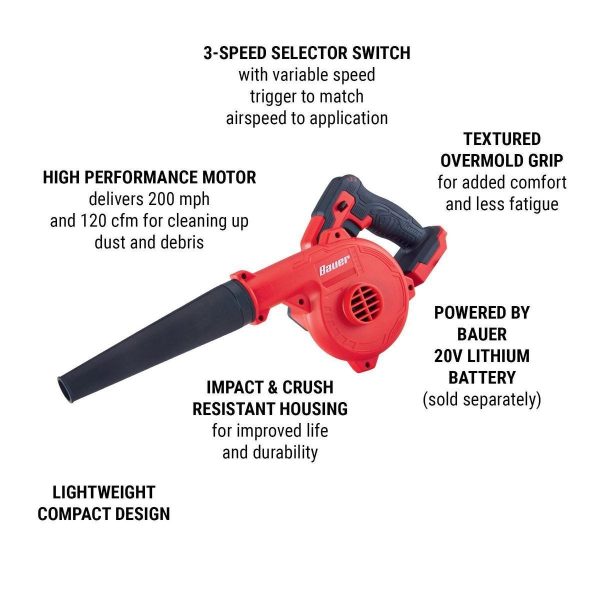 BAUER - 20V Cordless, 200 MPH Compact Workshop Blower - Tool Only - 56416 - Imagen 3