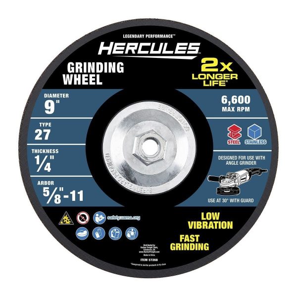 HERCULES - 9 in. x 1/4 in. x 5/8 in. -11 UNC, Type 27 Metal Grinding Wheel - 57268