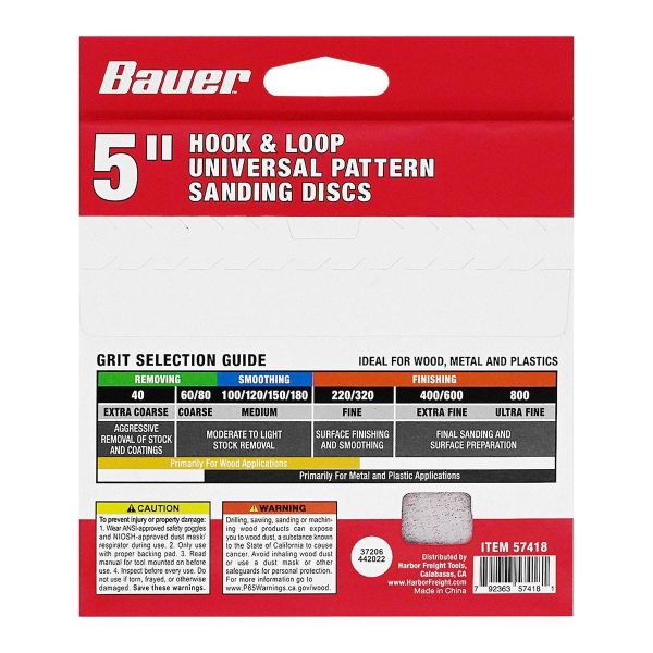 BAUER - 5 in., 120-Grit Hook-and-Loop Universal Pattern Sanding Discs, 5-Pack - 57418 - Imagen 3