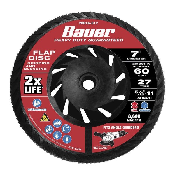 BAUER - Disco de Lijado 7 pulg. x 5/8 pulg. -11 UNC, Grano 60, Tipo 27 con Respaldo Plástico y Grano de Circonio - 57655 - Imagen 2