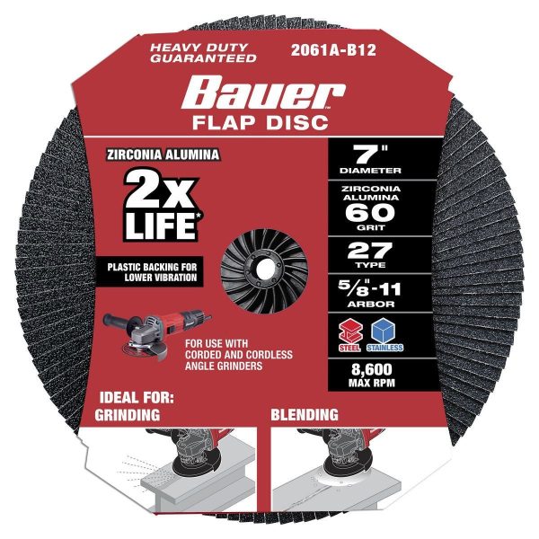 BAUER - Disco de Lijado 7 pulg. x 5/8 pulg. -11 UNC, Grano 60, Tipo 27 con Respaldo Plástico y Grano de Circonio - 57655 - Imagen 5