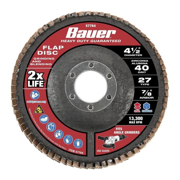 BAUER - Disco de Lija Flap 4-1/2 pulg x 7/8 pulg, Grado 40, Tipo 27 con Respaldo de Fibra de Vidrio y Grano de Zirconia - 57764 - Imagen 2