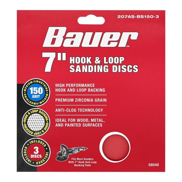 BAUER - 7 in., 150-Grit Hook-and-Loop Sanding Discs, 3-Pack - 58040