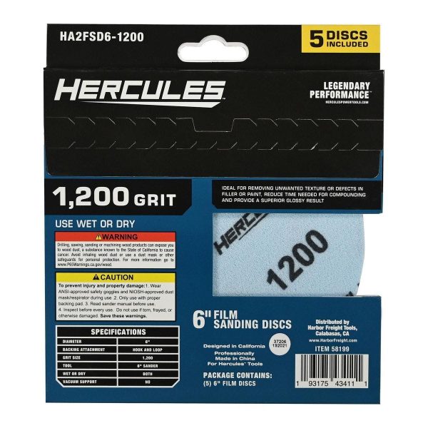HERCULES - 6 in., 1200-Grit Hook-and-Loop Film Sanding Disc, 5-Pack - 58199 - Imagen 3