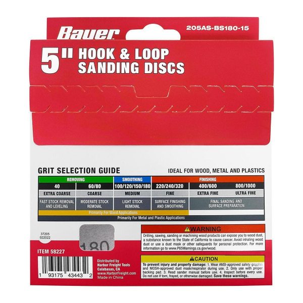 BAUER - 5 in., 180-Grit Hook-and-Loop Universal Pattern Sanding Discs, 15-Pack - 58227 - Imagen 3