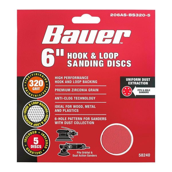 BAUER - Discos de Lija de 6 Pulgadas con Grano de Zirconia y Patrón de 6 Agujeros, 320-Grit, Paquete de 5 - 58240 - Imagen 2