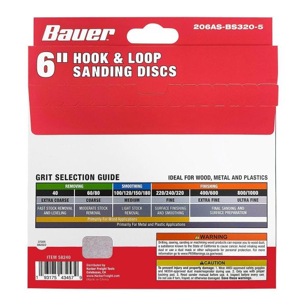 BAUER - Discos de Lija de 6 Pulgadas con Grano de Zirconia y Patrón de 6 Agujeros, 320-Grit, Paquete de 5 - 58240 - Imagen 3