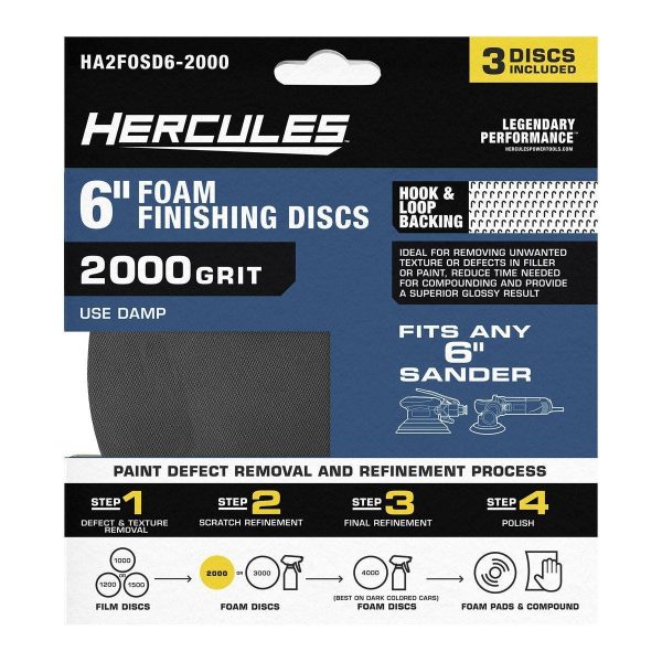 HERCULES - 6 in., 2000-Grit Hook-and-Loop Foam Sanding Discs, 3-Pack - 58250