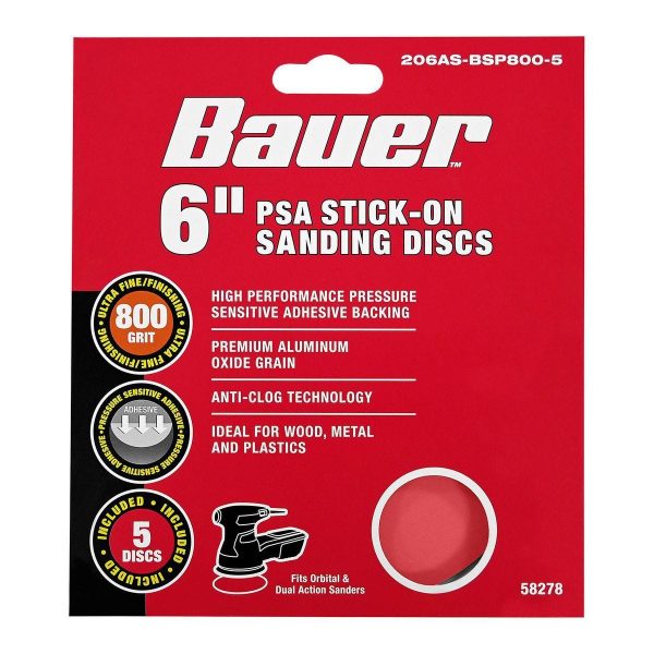 BAUER - 6 in., 800-Grit PSA Sanding Discs with Aluminum Oxide Grain, 5-Pack - 58278
