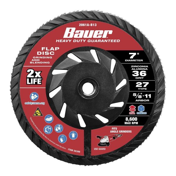BAUER - Disco de Lija Flap 7 pulg x 5/8 pulg -11 UNC, Grano 36, Tipo 27 con Respaldo Plástico y Grano de Zirconia - 58386 - Imagen 2