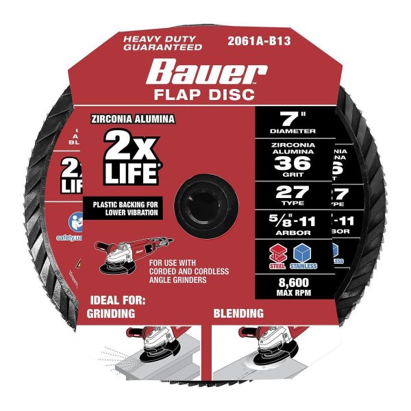 BAUER - Disco de Lija Flap 7 pulg x 5/8 pulg -11 UNC, Grano 36, Tipo 27 con Respaldo Plástico y Grano de Zirconia - 58386 - Imagen 3