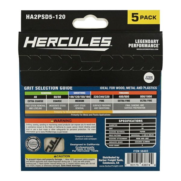 HERCULES - 5 in., 120 Grit Hook and Loop Universal Pattern Sanding Disc with Ceramic Alumina Grain, 5 Pack - 58403 - Imagen 3