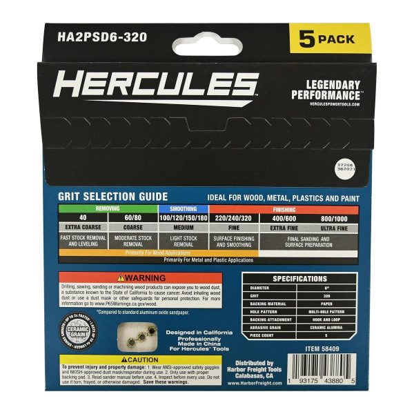 HERCULES - 6 in., 320-Grit Hook-and-Loop Multihole Pattern Sanding Disc with Ceramic Alumina Grain, 5-Pack - 58409 - Imagen 3