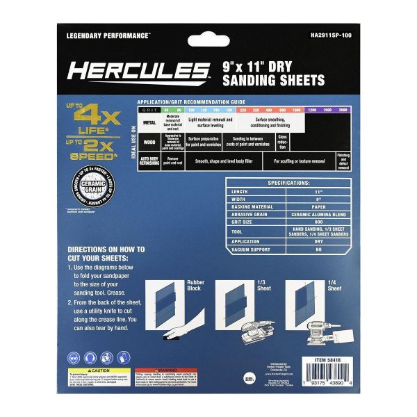 HERCULES - 9 in. x 11 in., 100-Grit Dry Sanding Sheets with Ceramic Alumina Grain, 5-Pack - 58418 - Imagen 3
