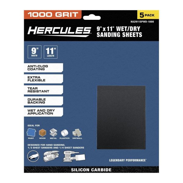 HERCULES - Lijas Húmedas/Secas 9 x 11 Pulgadas Grano Carburo de Silicio 1000 Granos Paquete de 5 - 58419