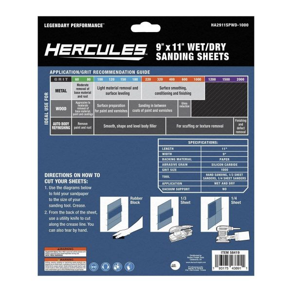 HERCULES - Lijas Húmedas/Secas 9 x 11 Pulgadas Grano Carburo de Silicio 1000 Granos Paquete de 5 - 58419 - Imagen 3