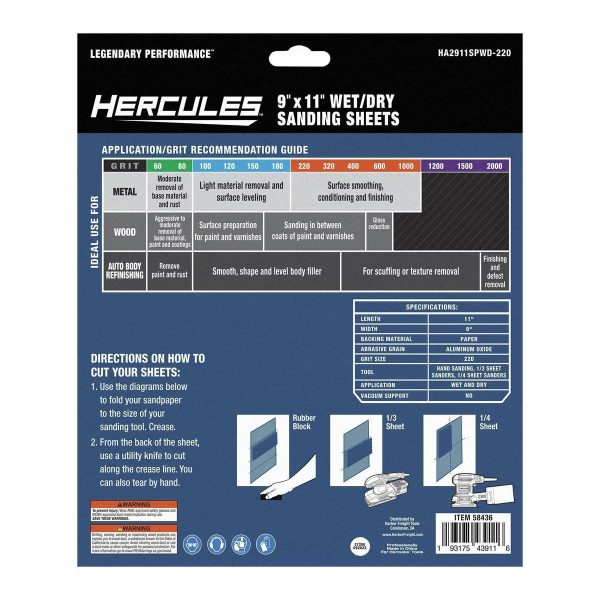 HERCULES - 9 in. x 11 in., 220-Grit Wet/Dry Sanding Sheets with Aluminum Oxide Grain, 5-Pack - 58436 - Imagen 3