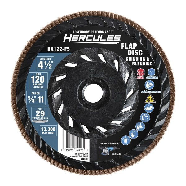 HERCULES - Disco de Lija Abrasiva 4-1/2 pulg x 5/8 pulg -11 UNC, Grado 120 Tipo 29 con Respaldo Plástico y Grano Cerámico - 58635 - Imagen 2