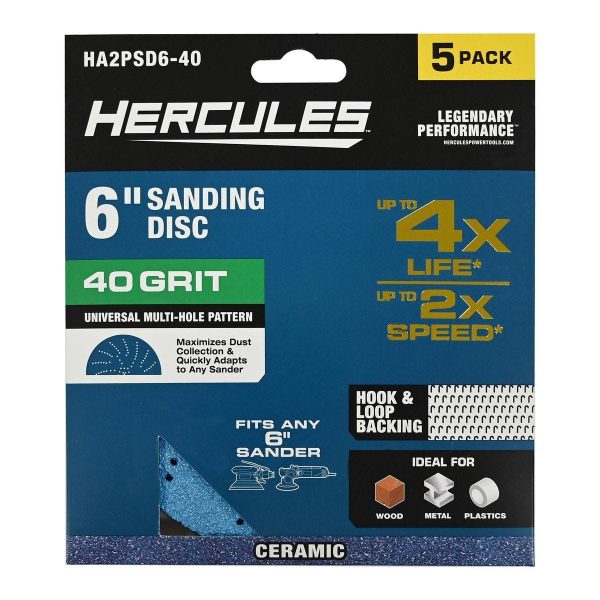 HERCULES - 6 in., 40-Grit Hook-and-Loop Multihole Pattern Sanding Disc with Ceramic Alumina Grain, 5-Pack - 58812