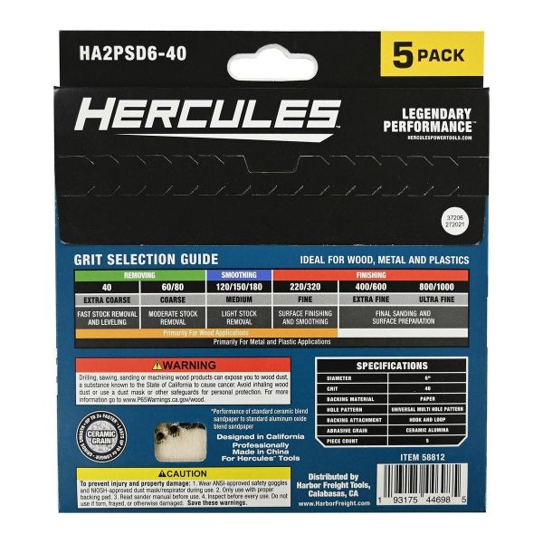 HERCULES - 6 in., 40-Grit Hook-and-Loop Multihole Pattern Sanding Disc with Ceramic Alumina Grain, 5-Pack - 58812 - Imagen 3
