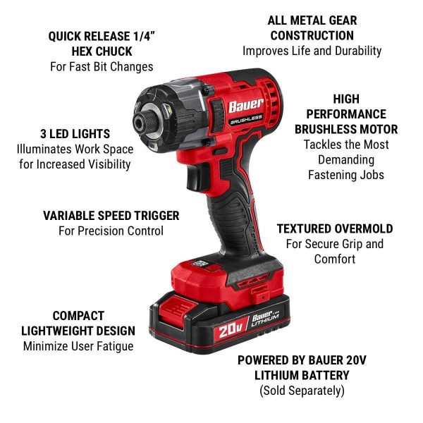 BAUER - 20V Brushless Cordless, 1/4 in. Hex, 3-Speed Impact Driver - Tool Only - 58847 - Imagen 3