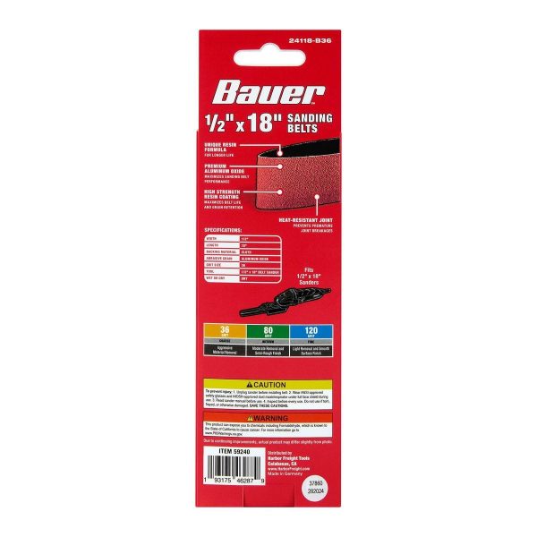 BAUER - 1/2 in. x 18 in., 36-Grit Sanding Belts with Aluminum Oxide Grain, 3-Pack - 59240 - Imagen 3