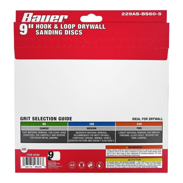 BAUER - 9 in., 60-Grit Hook-and-Loop Drywall Sanding Discs, 5-Pack - 59288 - Imagen 3