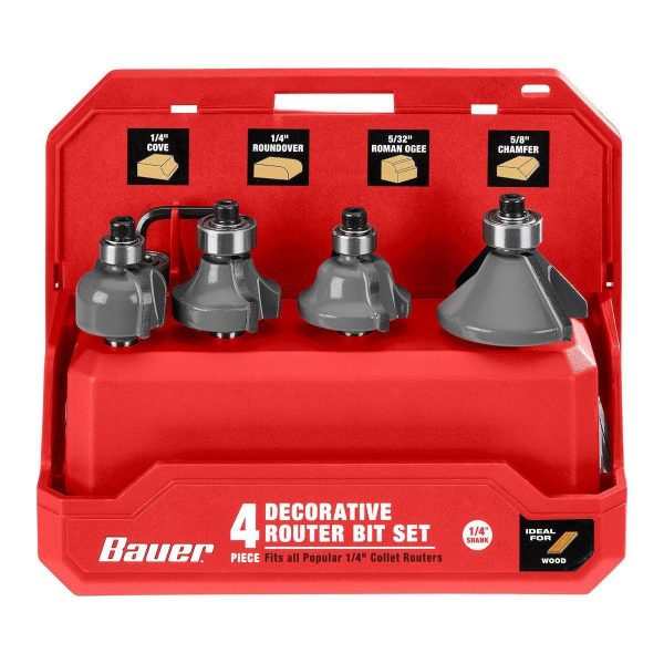BAUER - Carbide Tip Decorative Router Bit Set, 4-Piece - 59301