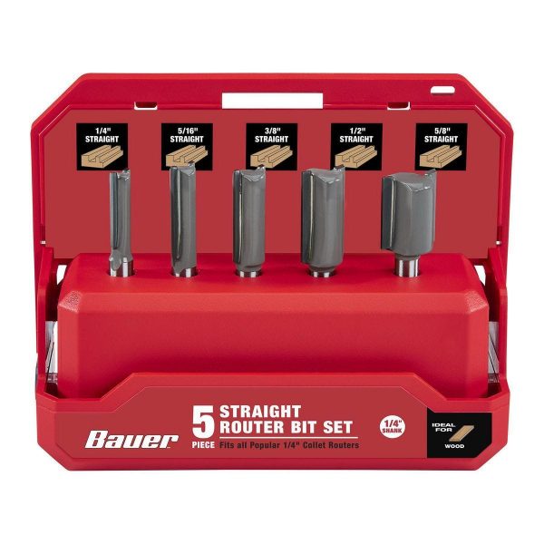BAUER - Carbide Tip Straight Router Bit Set, 5-Piece - 59509 - Imagen 2