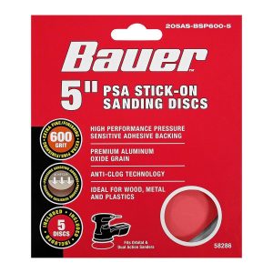 BAUER - 5 in., 600-Grit PSA Sanding Discs with Aluminum Oxide Grain, 5-Pack - 58286