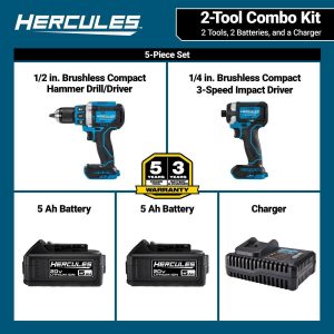 HERCULES - 20V Taladro Percutor y Atornillador de Impacto Inalámbricos Sin Escobillas Kit de 2 Herramientas con (2) Baterías de 5 Ah y Cargador - 71291