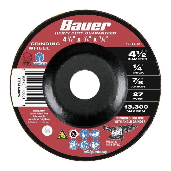 BAUER - 4-1/2 in., 24-Grit Type 27 Metal Grinding Wheel - 64025