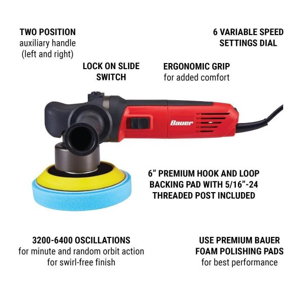BAUER - 5.7 Amp, 6 in., 8 mm Short-Throw Random Orbit DA Polisher/Sander - 64528 - Imagen 3