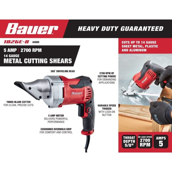 BAUER - 5 Amp, 14 Gauge Metal Shears - 64609 - Imagen 3