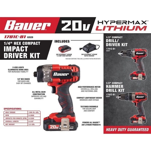 BAUER - 20V Inalámbrico, Kit de Destornillador de Impacto Compacto de 1/4 pulg. Hex con Batería de 1.5 Ah y Cargador - 64755 - Imagen 9