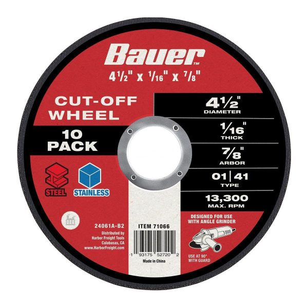 BAUER - 4-1/2 in. x 1/16 in. x 7/8 in., Type 01/41 Metal Cut-Off Wheels, 10-Pack - 71066 - Imagen 3