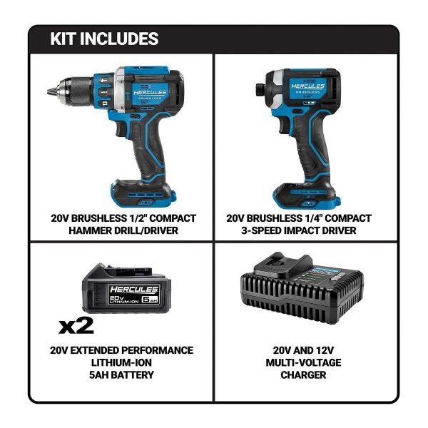 HERCULES - 20V Taladro Percutor y Atornillador de Impacto Inalámbricos Sin Escobillas Kit de 2 Herramientas con (2) Baterías de 5 Ah y Cargador - 71291 - Imagen 5