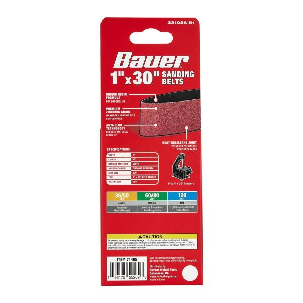 BAUER - 1 in. x 30 in., Bandas de Lijado de Grano de Alúmina de Circonio de 120 Grit, Paquete de 2 - 71465 - Imagen 3