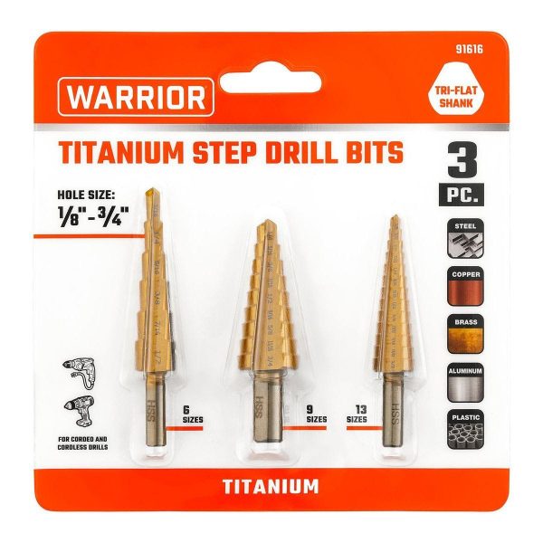 WARRIOR - Juego de Brocas Escalonadas de Titanio #1 (13 Pasos), #2 (6 Pasos) y #3 (9 Pasos) de 1/8 a 3/4 Pulgadas - 91616 - Imagen 3