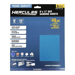 HERCULES - 9 in. x 11 in., 100-Grit Dry Sanding Sheets with Ceramic Alumina Grain, 5-Pack - 58418