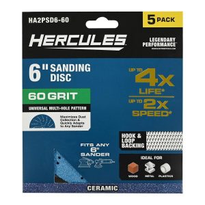 HERCULES - 6 in., 60-Grit Hook-and-Loop Multihole Pattern Sanding Disc with Ceramic Alumina Grain, 5-Pack - 58813