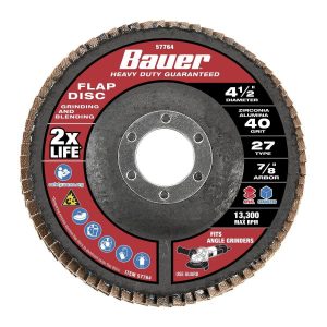 BAUER - Disco de Lija Flap 4-1/2 pulg x 7/8 pulg, Grado 40, Tipo 27 con Respaldo de Fibra de Vidrio y Grano de Zirconia - 57764