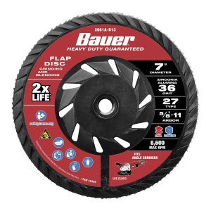 BAUER - Disco de Lija Flap 7 pulg x 5/8 pulg -11 UNC, Grano 36, Tipo 27 con Respaldo Plástico y Grano de Zirconia - 58386