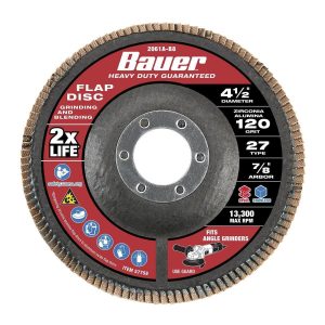 BAUER - Disco de Lija de 4-1/2 in. x 7/8 in., Grano 120, Tipo 27 con Respaldo de Fibra de Vidrio y Grano de Zirconio - 57758