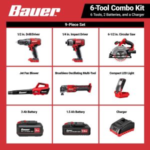 BAUER - Kit de 6 Herramientas Inalámbricas de 20V con Batería de 3 Ah, Batería de 1.5 Ah y Cargador - 71292