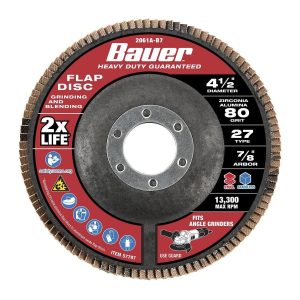 BAUER - Disco de Lijado 4-1/2 in. x 7/8 in., Grano 80, Tipo 27 con Respaldo de Fibra de Vidrio y Grano de Zirconio - 57797