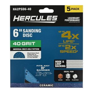 HERCULES - 6 in., 40-Grit Hook-and-Loop Multihole Pattern Sanding Disc with Ceramic Alumina Grain, 5-Pack - 58812