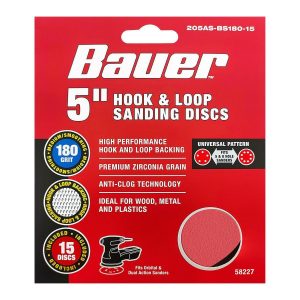 BAUER - 5 in., 180-Grit Hook-and-Loop Universal Pattern Sanding Discs, 15-Pack - 58227